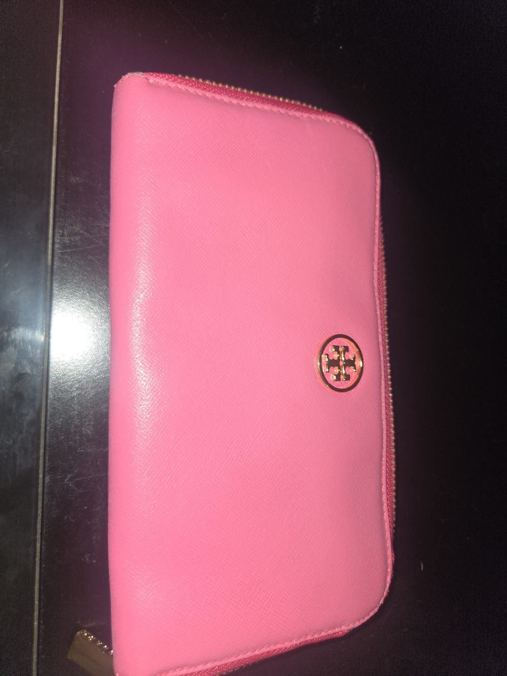 Tory Burch Hot Pink Zip Wallet with Gold Logo